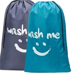 Teal and Gray Laundry Bags with 'Wash Me' Print